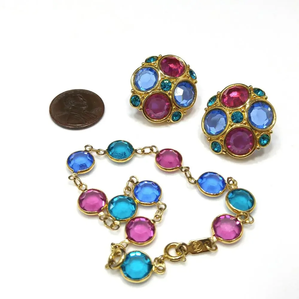 Vintage Swarovski Multicolor Crystal Bracelet Earring Set Gold Tone